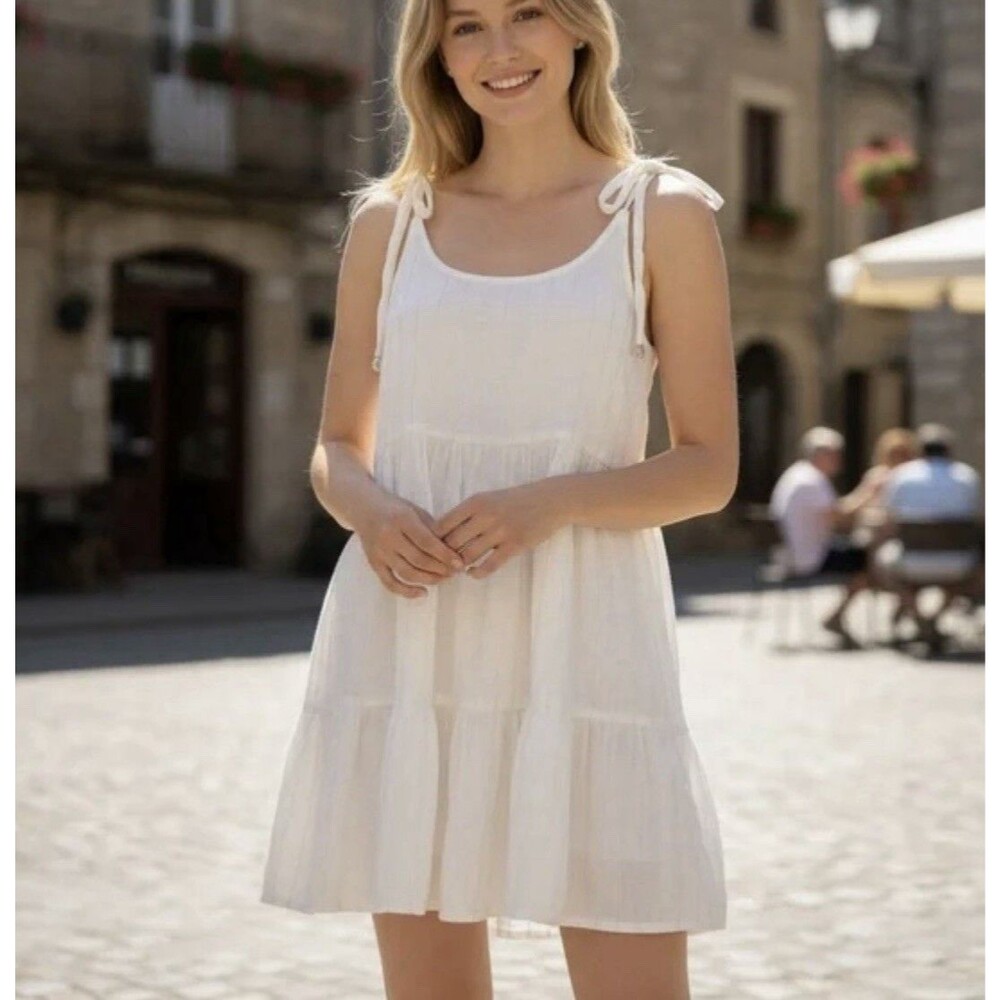 Aerie Magic Hour White Gold Striped Tie-Shoulder Cotton Swim Coverup Dress sz M